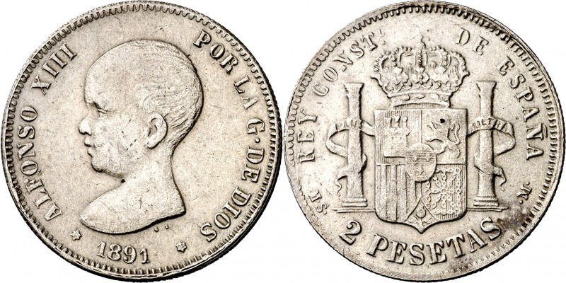 1891*--92. Alfonso XIII. MSM. 2 pesetas. (Barrera 1131). Falsa de época en plata...