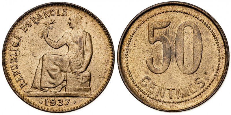 1937*-6. II República. 50 céntimos. (AC. 30). 6 g. EBC+.