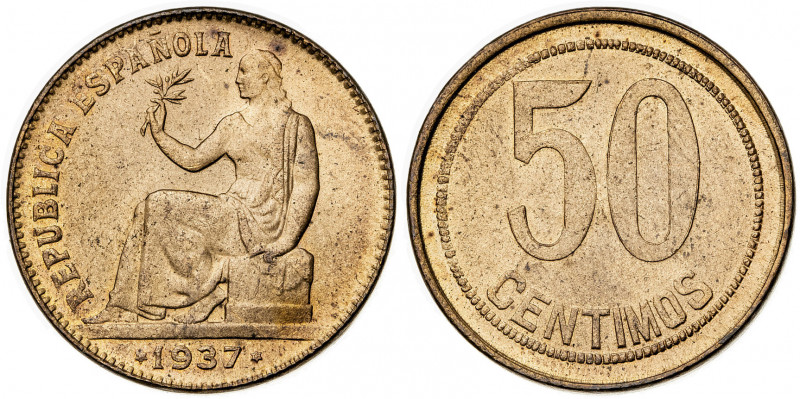 1937*-6. II República. 50 céntimos. (AC. 31). Orla de cuadraditos. 5,96 g. EBC+....