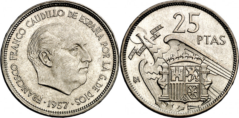 1957. Franco. BA (Barcelona). 25 pesetas. (AC. 155). I Exposición Iberoamericana...