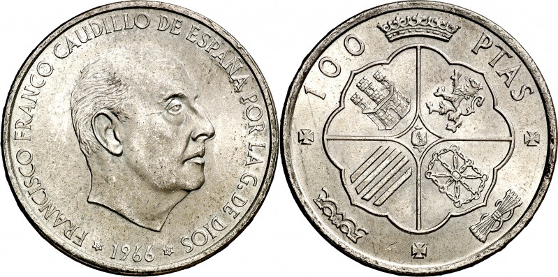 1966*1969. Franco. 100 pesetas. (AC. 148). Palo curvo. 19,18 g. EBC+.