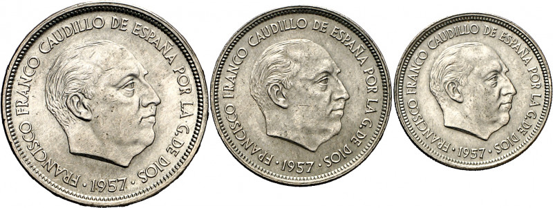 1957. Franco. BA (Barcelona). 5, 25 y 50 pesetas. (AC. 154 a 156). I Exposición ...