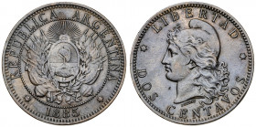 Argentina. 1885. 2 centavos. (Kr. 33). CU. 10 g. MBC+.