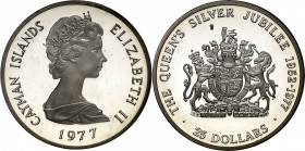 Islas Caymán. 1977. Isabel II. 25 dólares. (Kr. 14). 25º Aniversario de reinado. En estuche oficial con certificado. AG. 51,35 g. Proof.