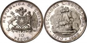 Chile. 1968. Santiago. 10 pesos. (Kr. 183). Llegada de la Escuadra Libertadora en 1820. AG. 44,39 g. Proof.