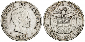 Colombia. 1922. 50 centavos. (Kr. 193.2) (Restrepo 414-13). Golpecitos. Escasa. AG. 12,26 g. MBC.