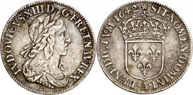 Francia. 1642. Luis XIII. A (París). 1/4 ecu. (Kr. 134.1). Golpecitos. Escasa. AG. 6,56 g. MBC-