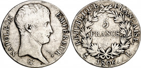 Francia. 1806. Napoleón. L (Bayona). 5 francos. (Kr. 673.8). Golpecitos. Escasa. 24,40 g. BC+/MBC-.