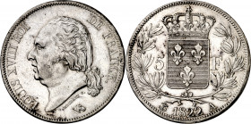 Francia. 1822. Luis XVIII. A (París). 5 francos. (Kr. 711.1). Limpiada. AG. 25 g. (EBC-).