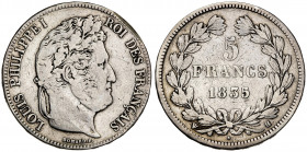 Francia. 1835. Luis Felipe I. H (La Rochelle). 5 francos. (Kr. 749.5). Limadura en canto. AG. 24,65 g. BC+.