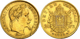 Francia. 1862. Napoleón III. BB (Estrasburgo). 20 francos. (Fr. 585) (Kr. 801.2). Rayitas. AU. 6,41 g. MBC+.