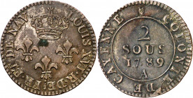 Guayana. 1789. Luis XVI. A (París). 2 sous. (Kr. falta) (Lecompte 20). CU. 1,69 g. MBC+.