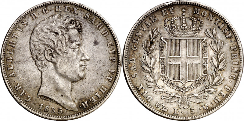 Italia. Cerdeña. 1835. Carlos Alberto. Génova. 5 liras. (Kr. 130.2). Golpecitos....