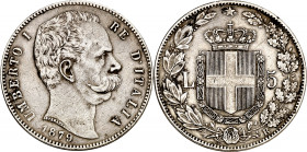 Italia. 1879. Humberto I. R (Roma). 5 liras. (Kr. 20). Rayitas. Escasa. AG. 24,85 g. MBC.