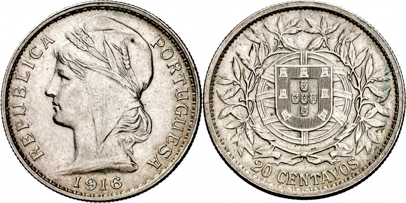 Portugal. 1916. 20 centavos. (Kr. 562). Parte de brillo original. AG. 5,03 g. EB...