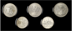 Rusia. 1980. 5 (dos) y 10 rublos (tres). Juegos Olímpicos - Moscú '80. 5 monedas en estuche oficial roto. AG. S/C.
