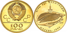 Rusia. 1979. 100 rublos. (Fr. 189) (Kr. 173). Juegos Olímpicos - Moscú '80. Velódromo. AU. 17,30 g. S/C.