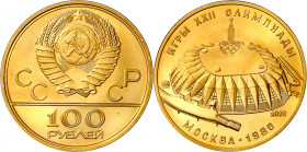 Rusia. 1979. 100 rublos. (Fr. 190) (Kr. 174). Juegos Olímpicos - Moscú '80. Pabellón deportivo. AU. 17,32 g. S/C.