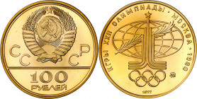 Rusia. 1977. 100 rublos. (Fr. 191) (Kr. 163). Juegos Olímpicos - Moscú '80. Logo. AU. 17,18 g. S/C.