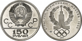 Rusia. 1977. 150 rublos. (Fr. 182) (Kr. 152). Juegos Olímpicos - Moscú '80. Logo. Platino. 15,56 g. S/C.