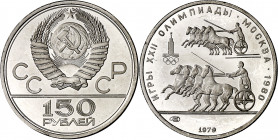 Rusia. 1979. 150 rublos. (Fr. 185) (Kr. 176). Juegos Olímpicos - Moscú '80. Carrera de carros. Platino. 15,58 g. S/C.