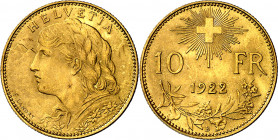 Suiza. 1922. B (Berna). 10 francos. (Fr. 504) (Kr. 36). AU. 3,23 g. EBC+.