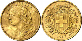 Suiza. 1947. B (Berna). 20 francos. (Fr. 499) (Kr. 35.2). AU. 6,42 g. EBC+.