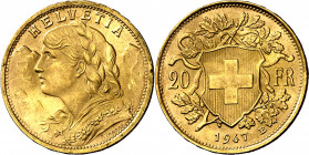 Suiza. 1947. B (Berna). 20 francos. (Fr. 499) (Kr. 35.2). Golpecitos. AU. 6,45 g. EBC.