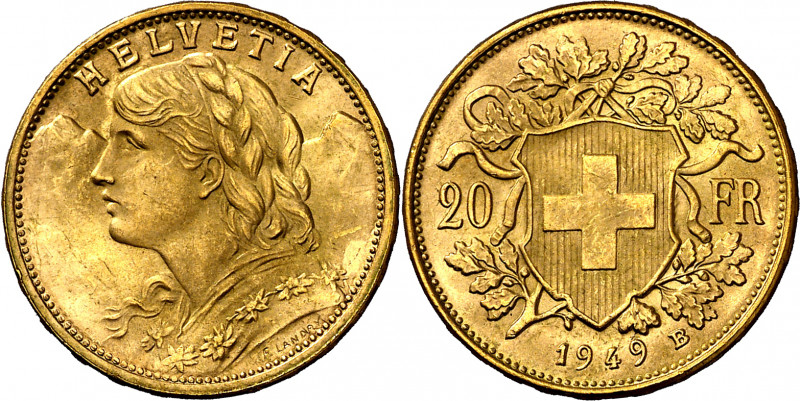 Suiza. 1949. B (Berna). 20 francos. (Fr. 499) (Kr. 35.2). AU. 6,46 g. EBC+.