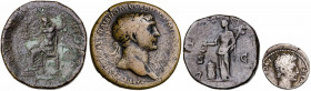 Lote formado por 3 sestercios (Domiciano, Trajano y Lucilla) y 1 denario de Augusto. Total 4 monedas. A examinar. BC+/MBC-.