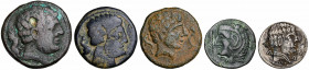 Lote formado por 4 bronces ibéricos (Bolscan, Secaisa y Agadir) y 1 denario de Turiasu. Total 5 monedas. A examinar. MBC-/MBC.