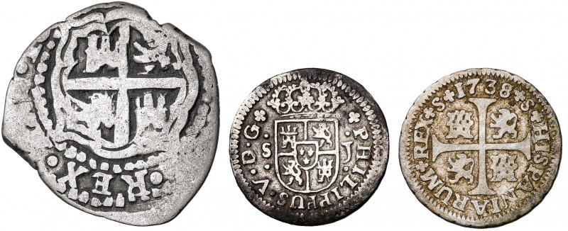 Lote de 3 monedas: 1/2 real de Sevilla de 1726 y 1738, y 1 real de Felipe IV de ...