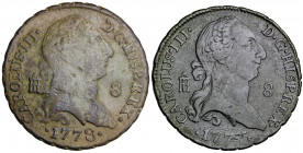 1777 y 1778 Carlos III. Segovia. 8 maravedís. Lote de 2 monedas. BC/MBC-.