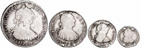 Carlos III. Guatemala y Potosí. 1/2, 1, 2 y 4 reales. Lote de 4 monedas, tres con cuatro agujeros y una con dos agujeros tapados. (BC/MBC).