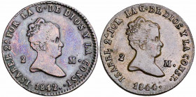 1842 y 1844. Isabel II. Segovia. 2 maravedis. Lote de 2 monedas. MBC-/EBC-.