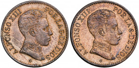 1906*6. Alfonso XIII. SLV. 1 céntimo. (AC. 2). Lote de 2 monedas. Brillo original. S/C.