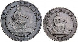 1870. Gobierno Provisional. Barcelona. OM. 5 y 10 céntimos. Lote de 2 monedas. MBC-.