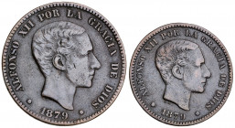 1879. Alfonso XII. Barcelona. OM. 5 y 10 céntimos. Lote de 2 monedas. MBC-/BC+.
