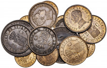 1870 a 1912. 1 (ocho), 2 (seis) y 5 (dos) céntimos. Lote de 16 monedas. A examinar. MBC-/S/C.