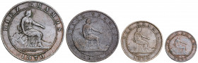 1870. Gobierno Provisional. Barcelona. OM. 1, 2, 5 y 10 céntimos. Lote de 4 monedas. BC+/MBC.
