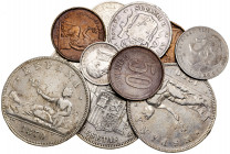 1870 a 1937. 50 céntimos (cinco), 1 (tres), 2 y 5 pesetas (tres). Lote de 9 monedas del Centenario y 3 de la II República. Total 12 monedas. A examina...