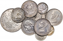 1871 a 1926. 50 céntimos (tres), 1, 2 (cuatro) y 5 (dos) pesetas. Lote de 10 monedas. A examinar. MBC-/EBC.