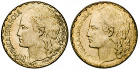 1937. II República. 1 peseta. (AC. 41). Lote de 2 monedas. MBC+/EBC.