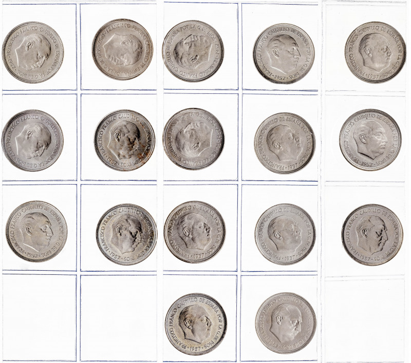 1957*59 a 75. Franco. 5 pesetas. Lote de 17 monedas distintas. Imprescindible ex...