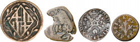 Lote de 4 monedas españolas en cobre, desde Carlos I hasta la Catalunya Napoleónica. A examinar. BC-/BC.