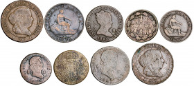 Lote de 9 monedas de cobre, desde Fernando VII al Centenario. A examinar. RC/BC+.