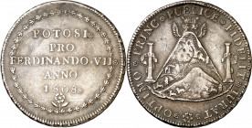 1808. Fernando VII. Potosí. Proclamación. Módulo 8 reales. (Ha. 50) (Medina 346) (V. 726) (V.Q. 13308, error ley. anv.). Sirvió como joya. 26,84 g. (M...