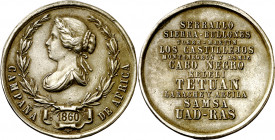 1860. Isabel II. Campaña de África. Medalla de distinción. (Pérez Guerra 725). Anilla retirada. Metal blanco. 22,29 g. Ø36 mm. MBC.
