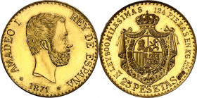 1871*1977. Reproducción de las 25 pesetas de Amadeo I. Ejemplar 185 de una acuñación de 200 piezas en oro de 900 milésimas. Oro. 8,44 g. S/C.
