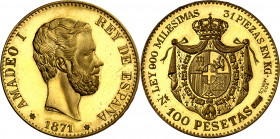 1871*(1977). Reproducción de las 100 pesetas de Amadeo I. Ejemplar 185 de una acuñación de 200 piezas en oro de 900 milésimas. Oro. 32,34 g. S/C-.